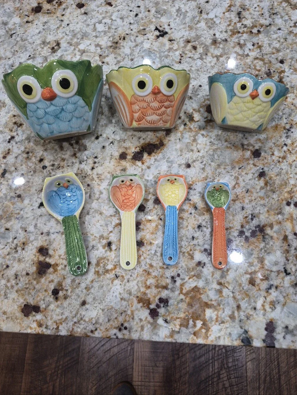 Pier 1 Imports Owl Hand Painted Stoneware Measuring Cups And Spoons Lot